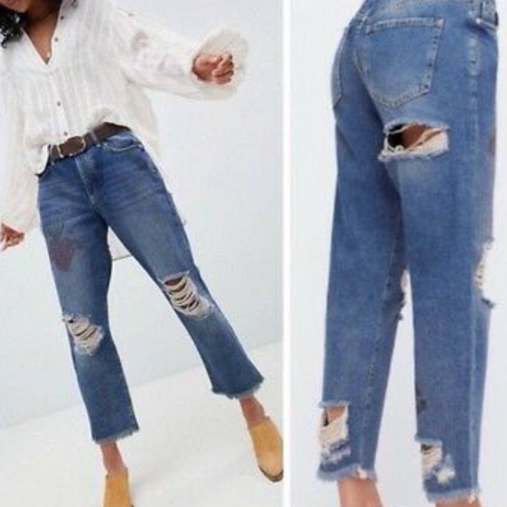 Free People Tattooed BF Destroyed Frayed Hem Jeans - Picture 3 of 9